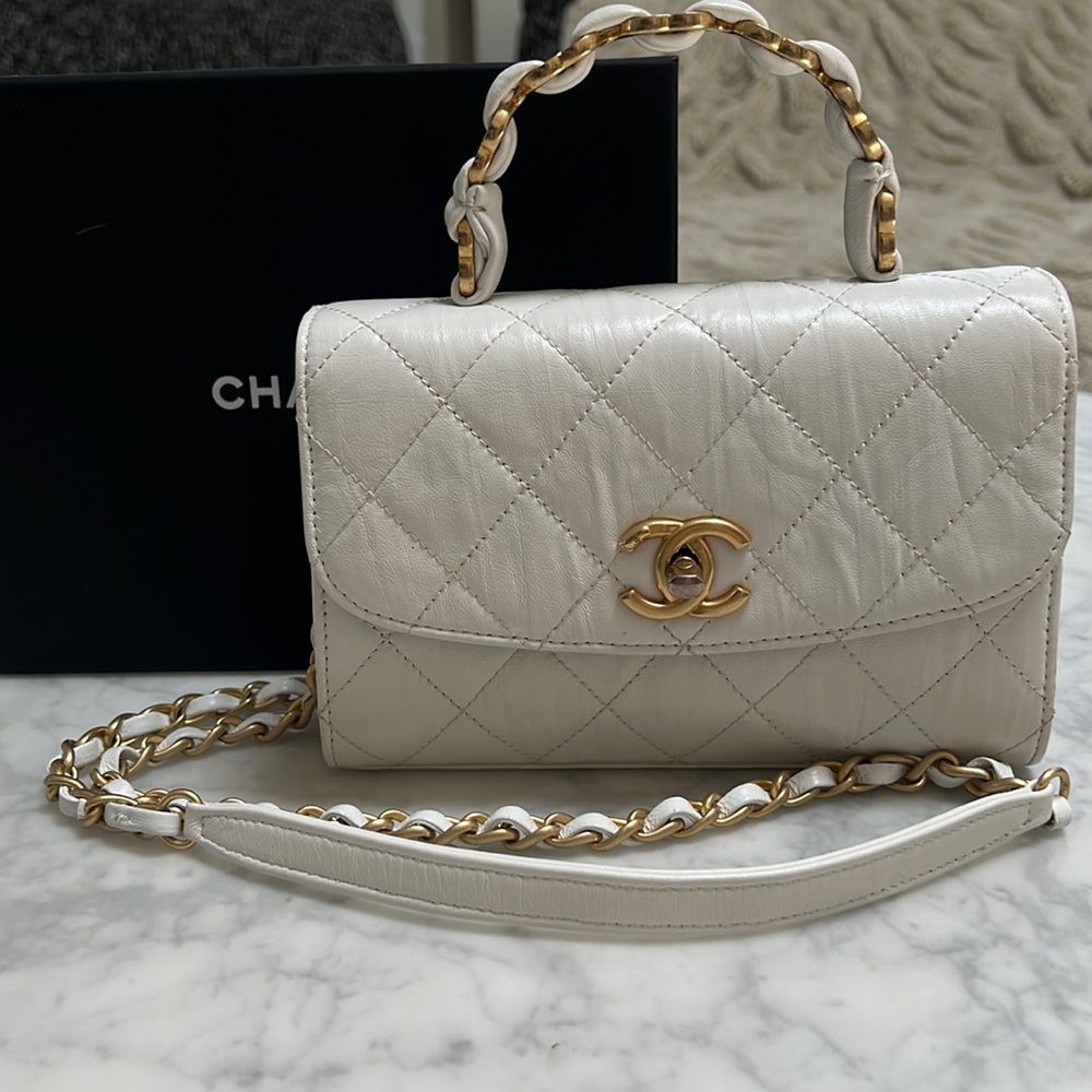 CHANEL Crumpled Lambskin Quilted Small CC Wrapped Handle Flap White